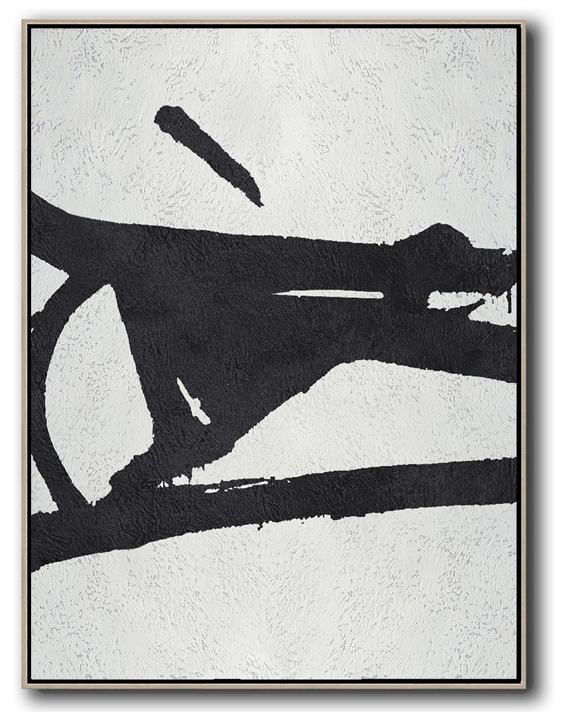 Hand-Painted Black And White Minimal Painting On Canvas - Famous Abstract Artists Bedroom Extra Large